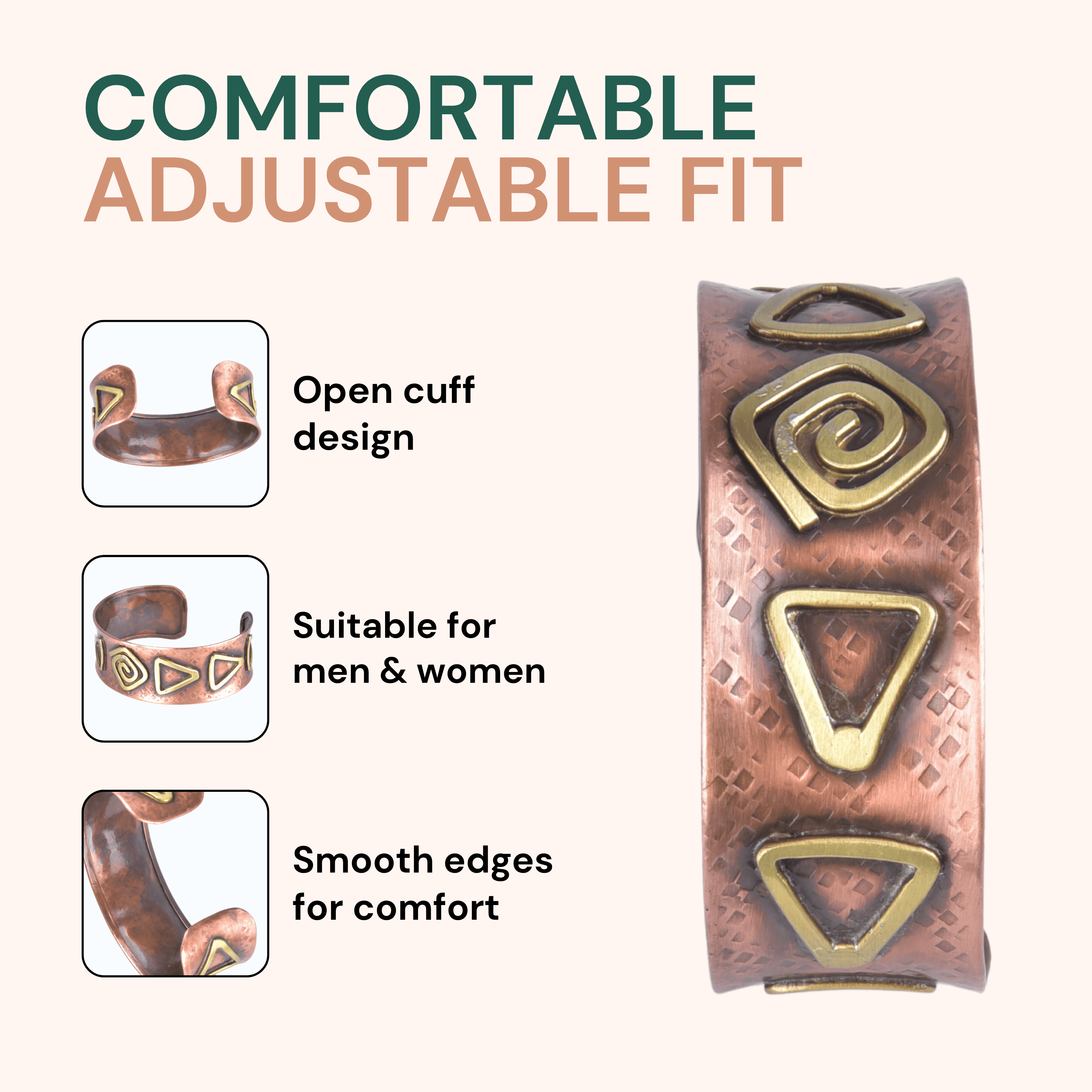 Vivanta Copper Bracelet for Men & Women – Handmade Copper Cuff Bracelet Jewelry with Brass Geometric Inlays, Adjustable Open Cuff, Tribal Spiral & Triangle Vintage Style Rustic Hammered Artisan Gift
