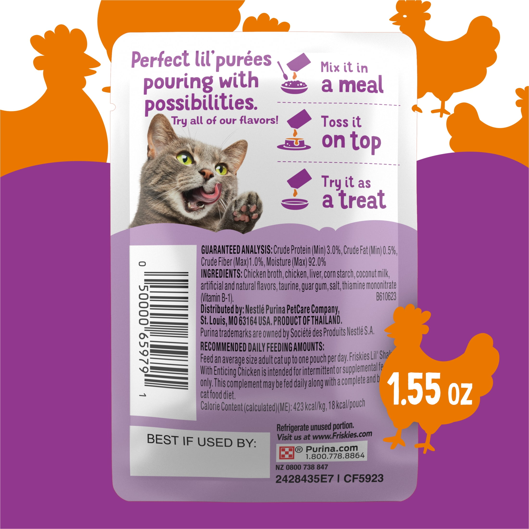 (12 pack) Purina Friskies Pureed Cat Food Toppers, Lil’ Shakes with Enticing Chicken Lickable Cat Treats, 1.55 oz Pouch