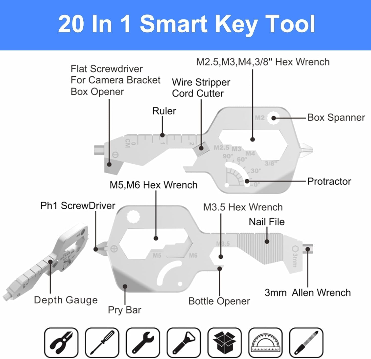 ABCISI 20 IN 1 Key Shaped Multitools, Key Shaped Pocket Tool, Stainless Steel Utility Gadget, Gift for Men, Everyday Carry, Automotive, Home Improvement, Bottle Opener, Screw Driver, Silver,Pack of 2
