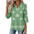 thumbnail image 2 of ASDFVBKG Summer Tops for Women Soft 3/4 Length Sleeve V-Neck Collared Shirts Trendy Retro Floral Printed Relaxed Fit Loose Outfits Clothes Green L, 2 of 4