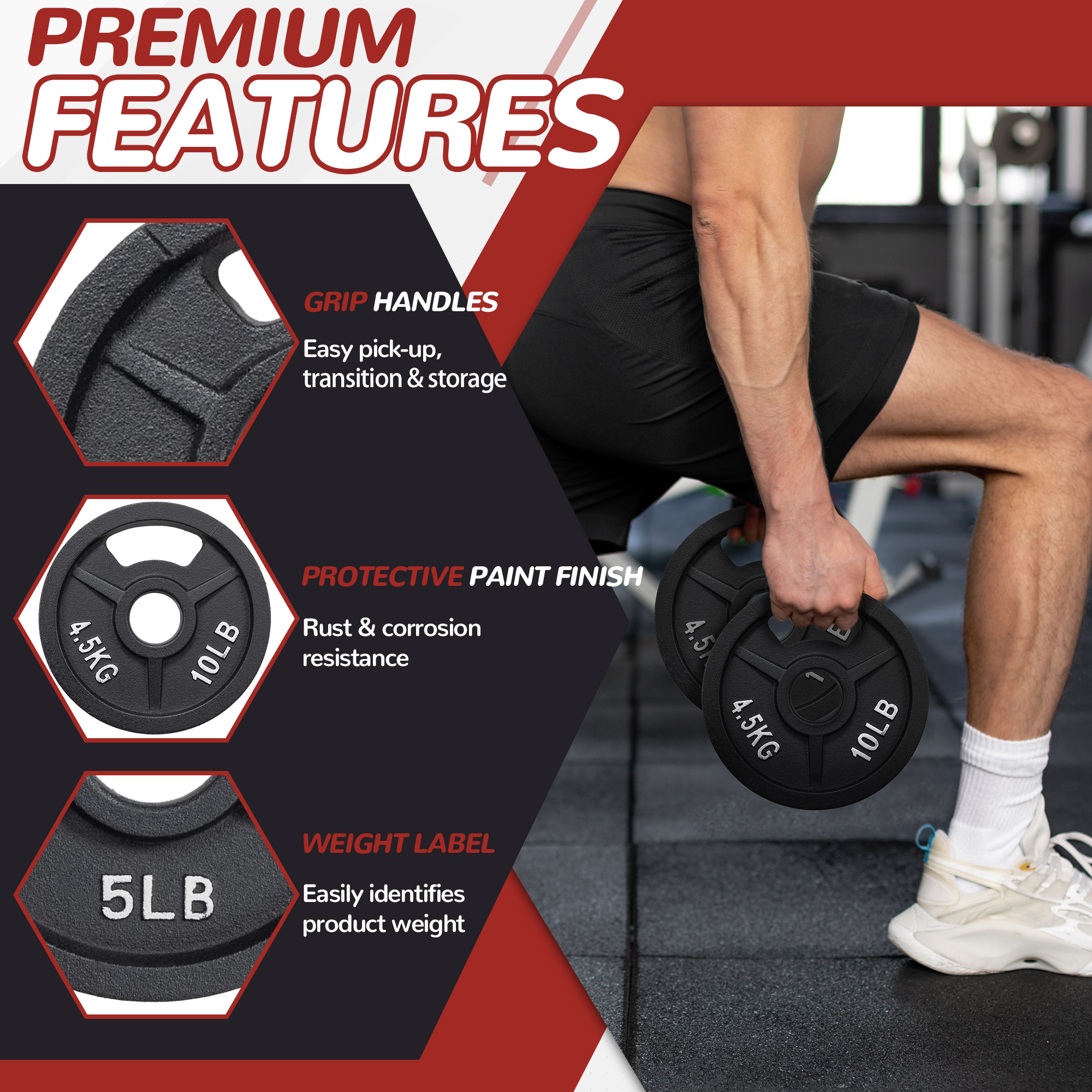 FlexWave Solid Cast Iron Black Glaze Olympic Plate, Rust-Proof Double Scale, 35-210LB Multiple Specifications Available, Lifelong Bending And Crack Resistance, Suitable for All 2-inch Barbells