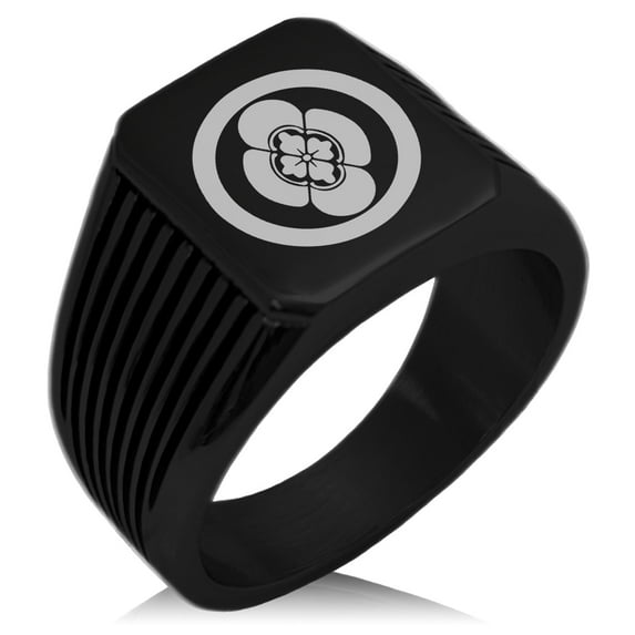 Stainless Steel Takigawa Samurai Crest Needle Stripe Pattern Biker Style Polished Ring