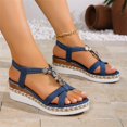 thumbnail image 6 of IWRICH Womens Wedge Sandals Flower Low Heel Dressy Sandals Elastic Ankle Strap Rhinestone Summer Comfortable Shoes Blue3 9.5, 6 of 9