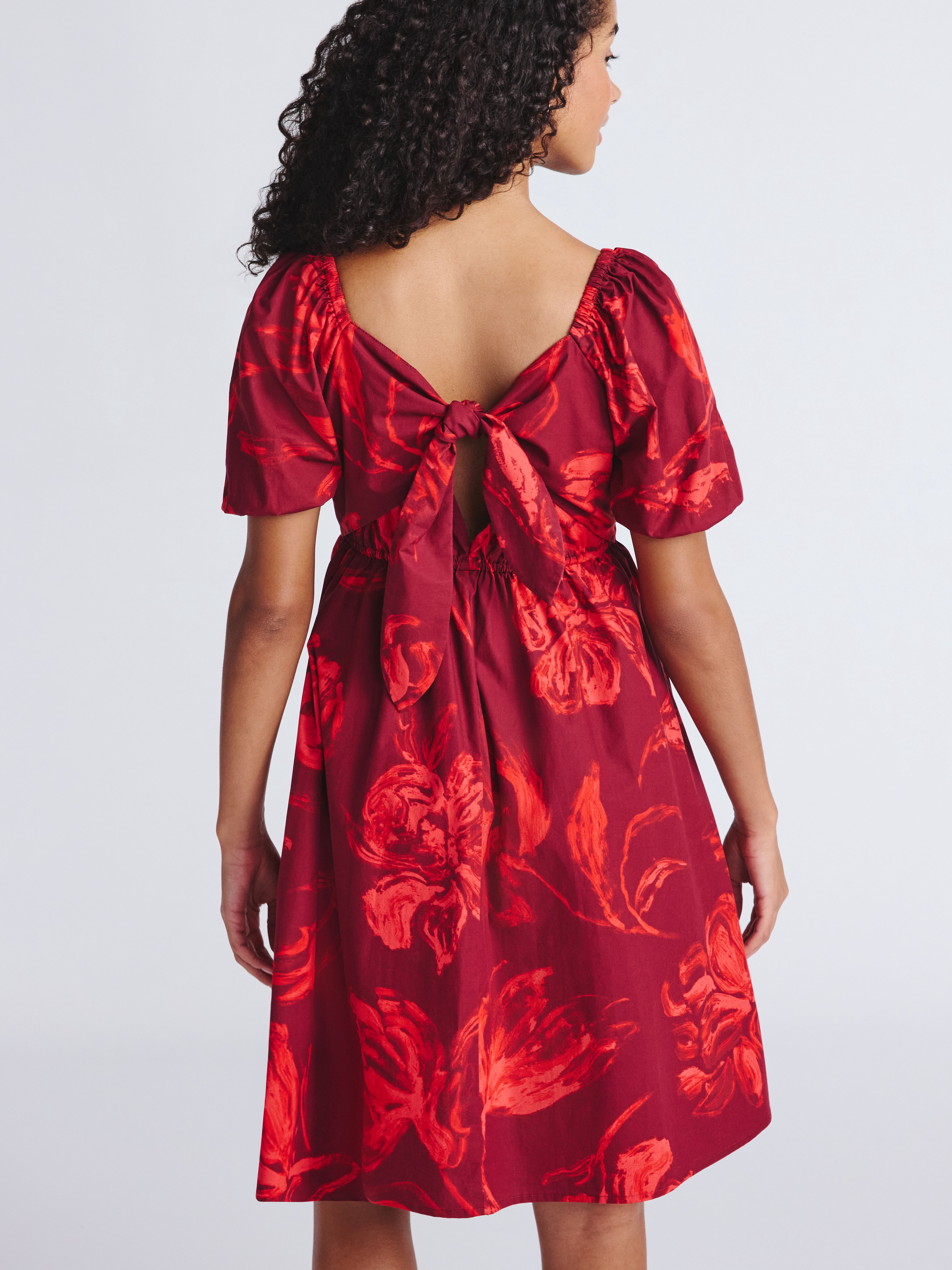 Time and Tru Women's and Women's Plus Tie Back Mini Dress with Puff Sleeves, Sizes XS-4X