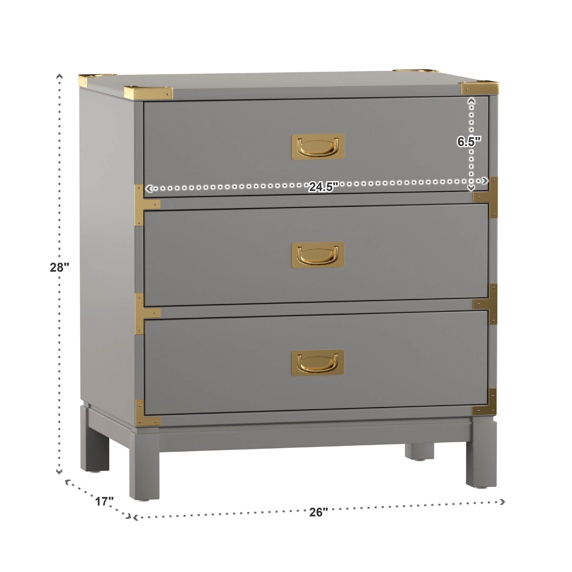 Weston Home Delacour Contemporary 3-Drawer Gold Accent Nightstand, Grey