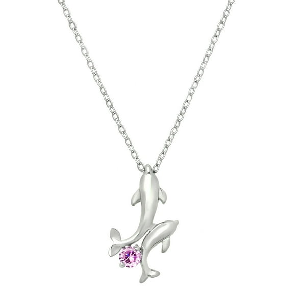 Twin Dolphin Pendant Necklace Cubic Zirconia Rhodium High Polished J0288-PK