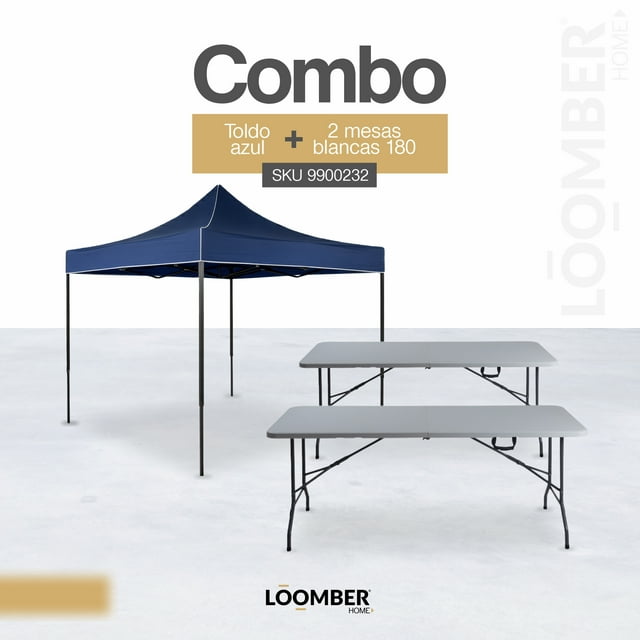 Paquete Toldo Plegable Azul 3x3 + 2 Mesas Plegables Blancas 180 cm Tipo Portafolio LOOMBER