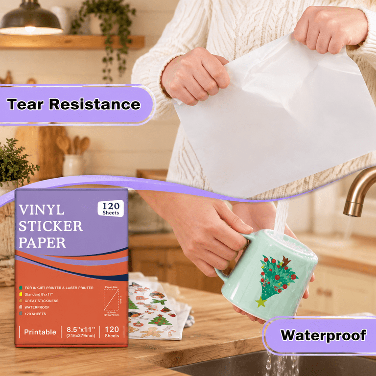 Clear Printable Vinyl Sticker Paper, 8.5x11 Inch, 120 Sheets for Inkjet