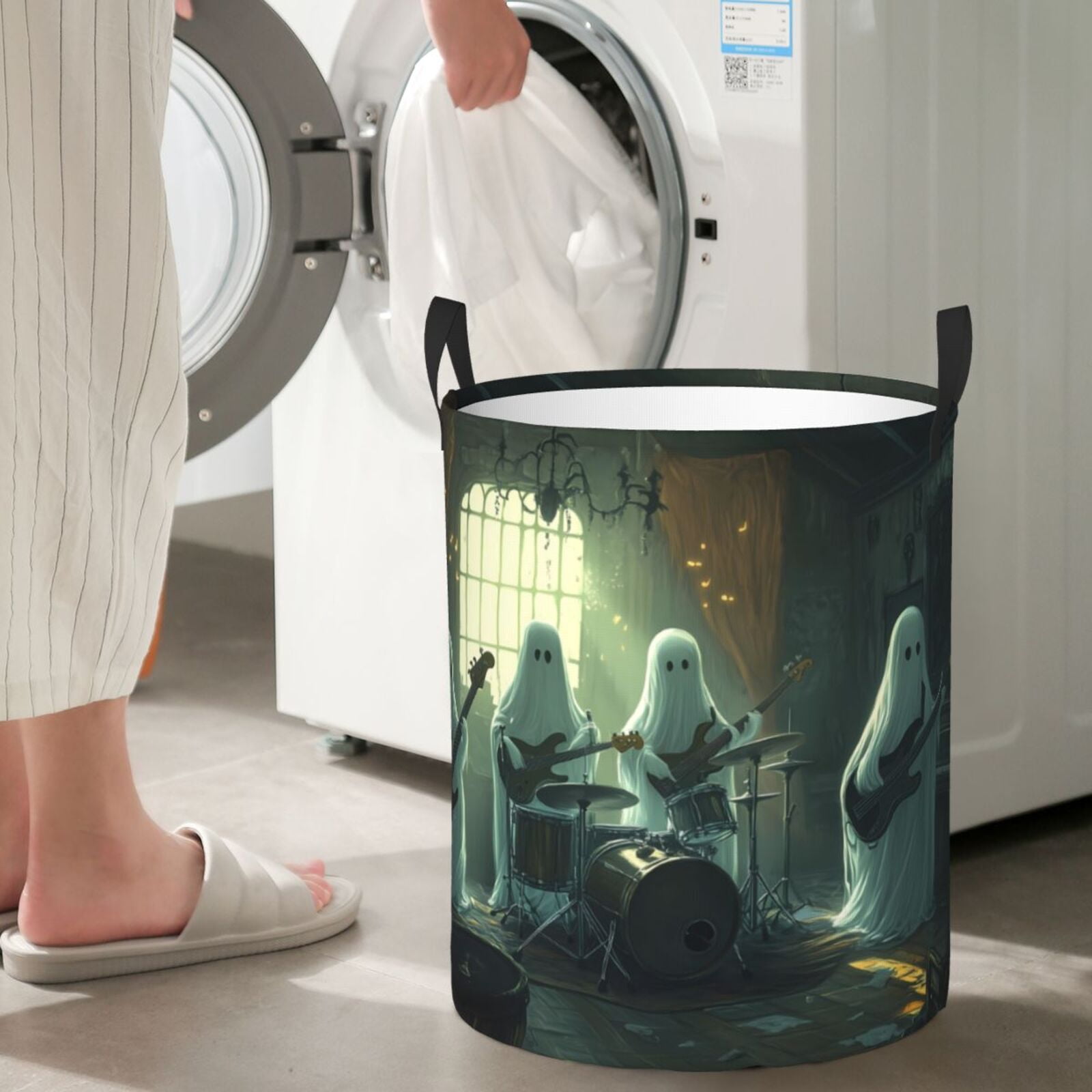 Large Laundry Basket with Handles - Halloween Ghost Guitar Band Kids Baby Dirty Clothes Laundry Hamper for Bedroom Aesthetic