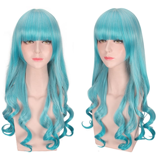 Peluca genérica para cosplay, 75 cm de largo, azul claro, rizada, con flequillo aireado