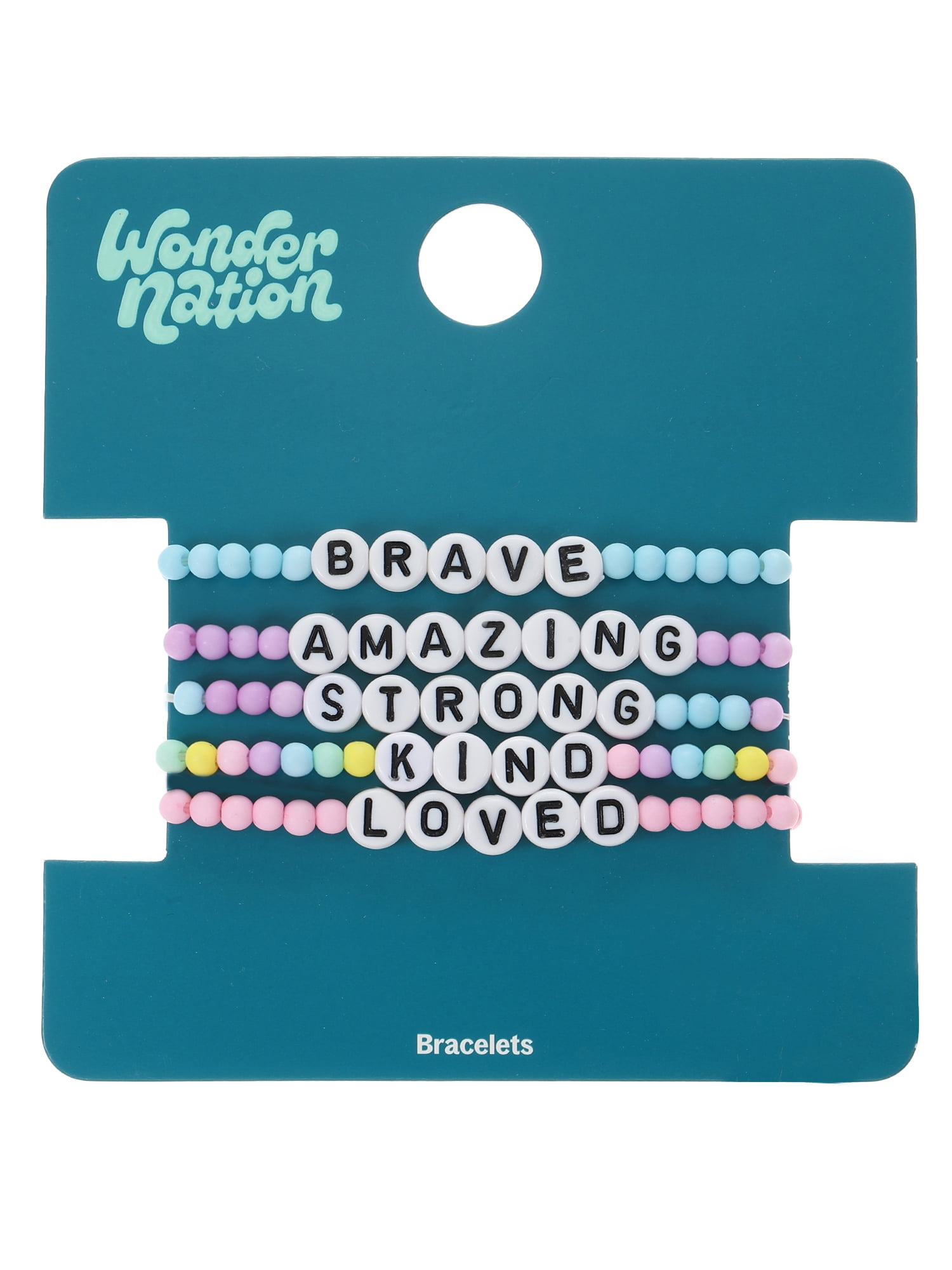 Wonder Nation Positive Affirmations Beaded Stretch Bracelets, Girls, 5 Pieces