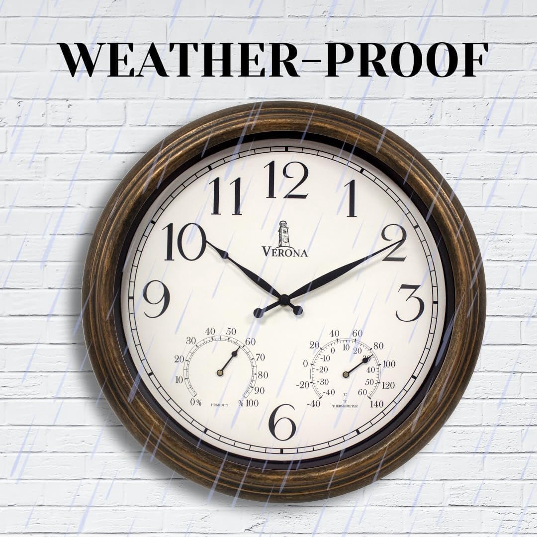 Outdoor Clock for Patio Large Waterproof with Thermometer - 18 inch Indoor Outdoor Wall Clock with Temperature and Humidity Combo - Weatherproof, Accurate & Easy to Read for Pool, Garden & Home Decor