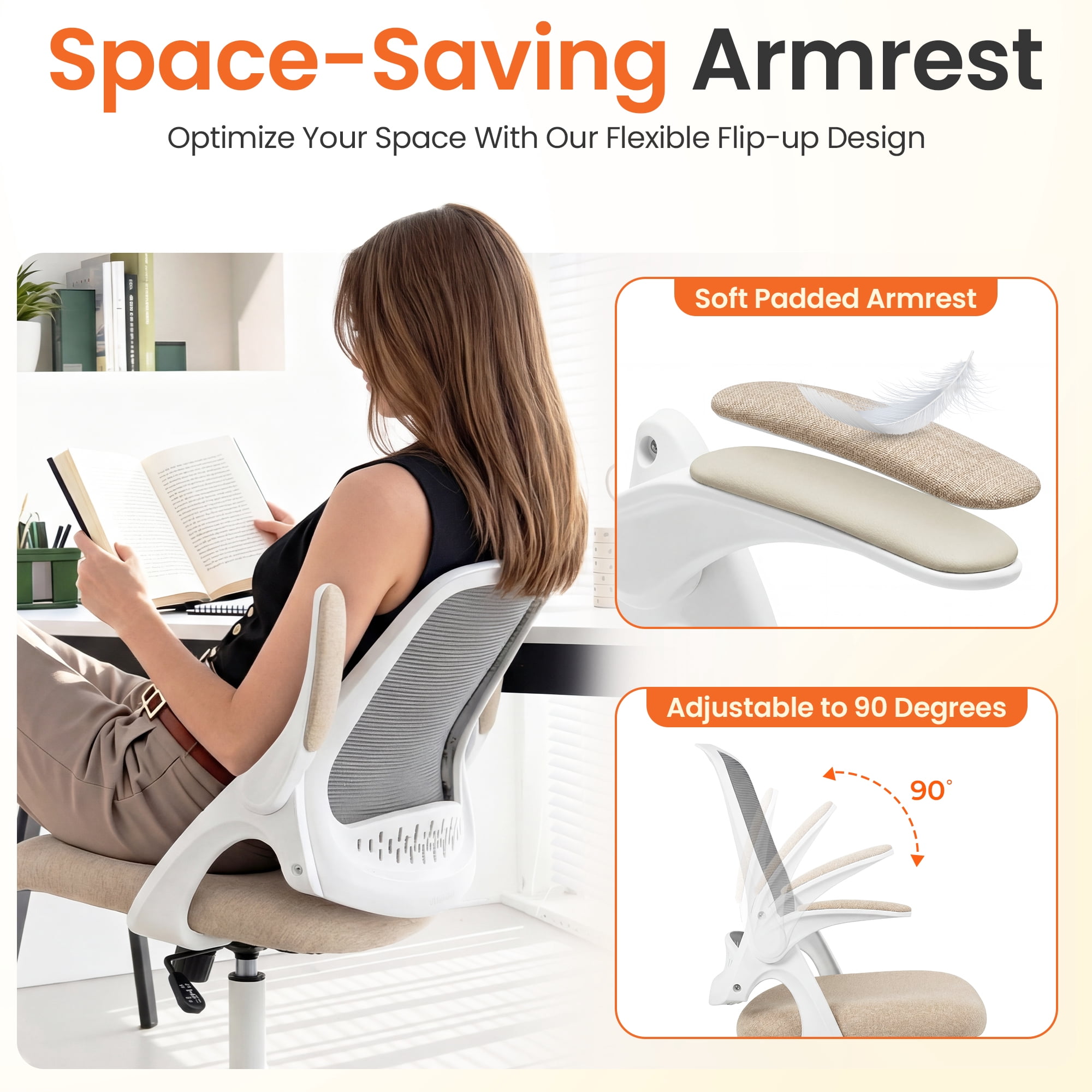 NEO CHAIR Office Chair Gaming Desk Computer Mesh Ergonomic Chair with Flip-up Arms Comfy Lumbar Support Adjustable Height Rolling Wheels Chair for Home Office (Beige)