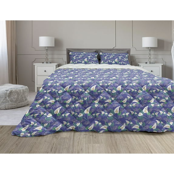 Floral Comforter & Sham Bedding Set, Peacock Tail Outlined Motif and Illustration of Calla Lily Flower and Green Leaves, 3 pcs Duvet Set Microfiber Filling Quilt, 5 Sizes, Multicolor, by Ambesonne