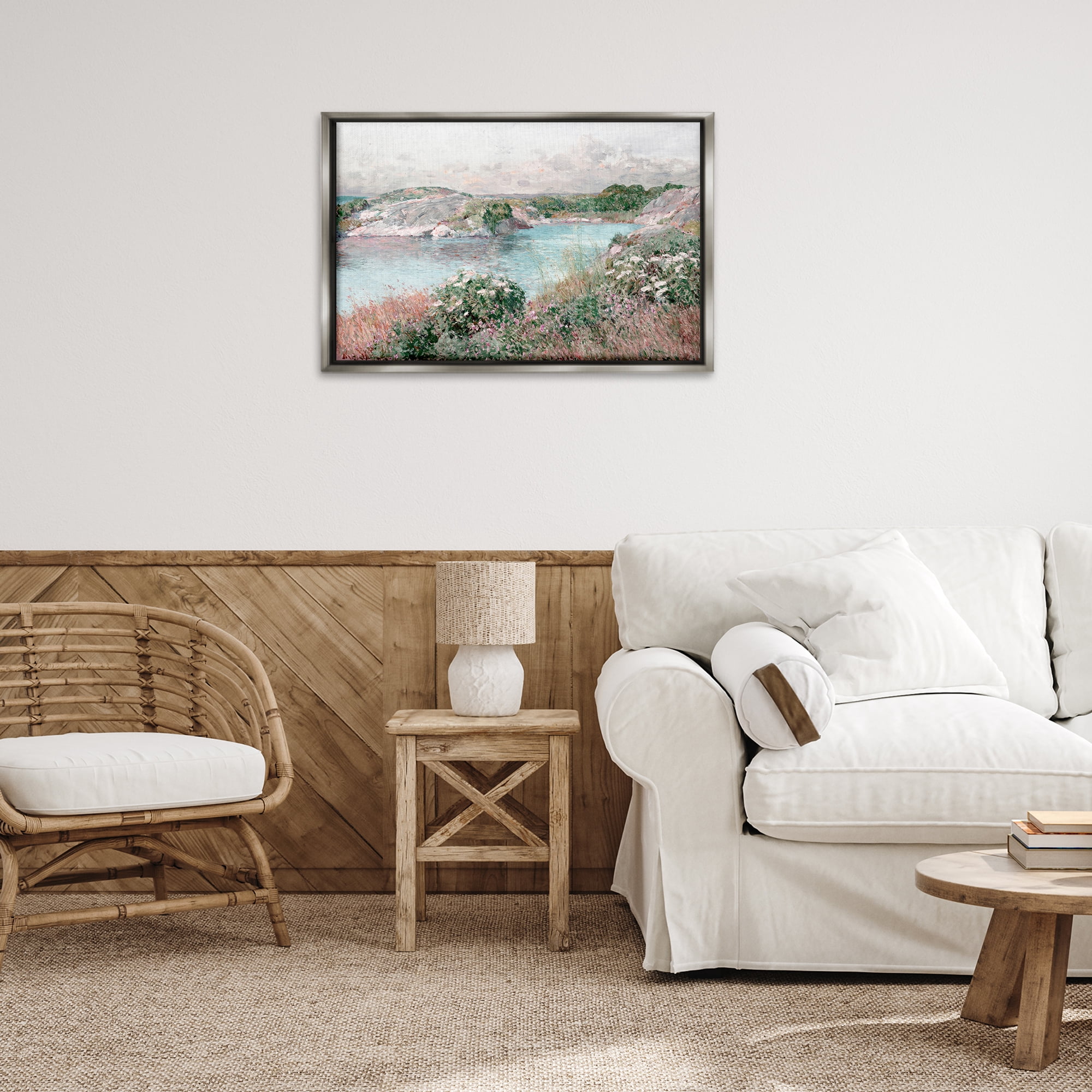 Stupell Industries Classic Riverbank Landscape Landscape & Nature Painting Gray Floater Framed Canvas Art Print Wall Art, 31 x 21