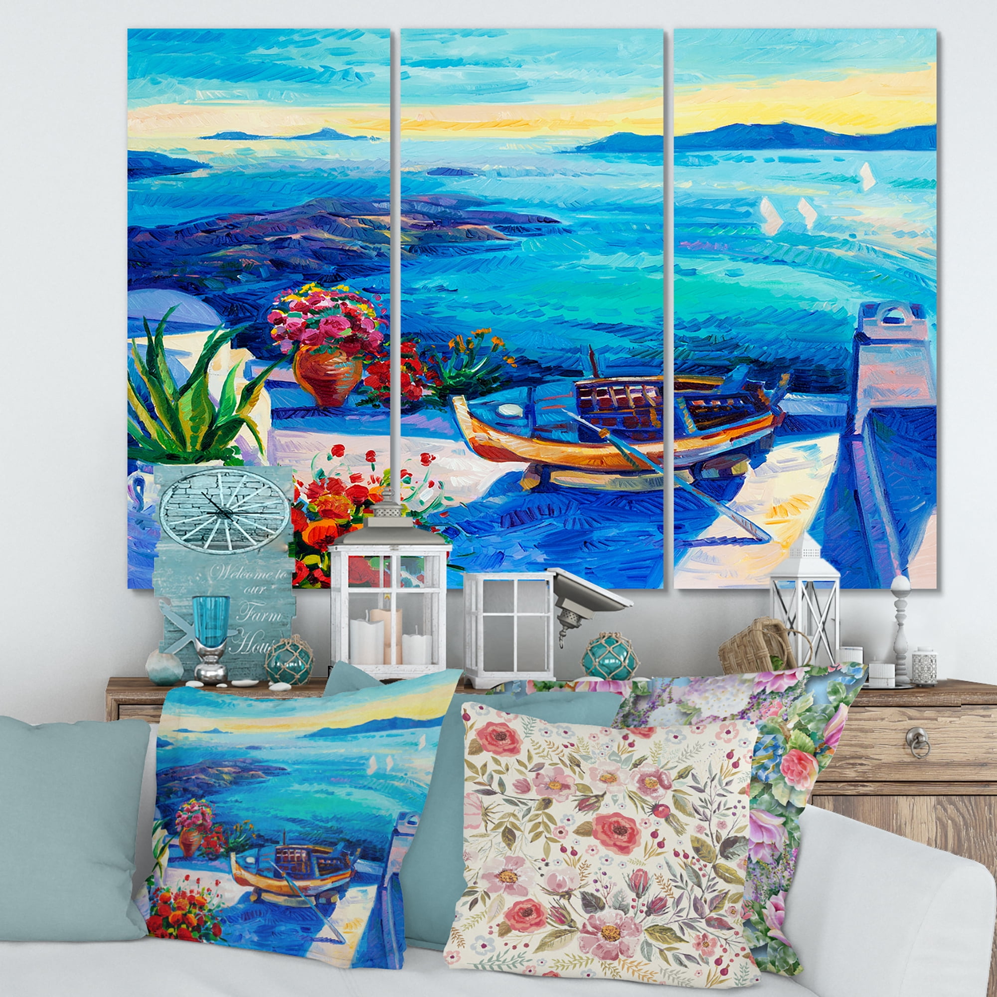 Designart ' Little Red Flowers With Sea View ' Nautical & Coastal Canvas Wall Art Print
