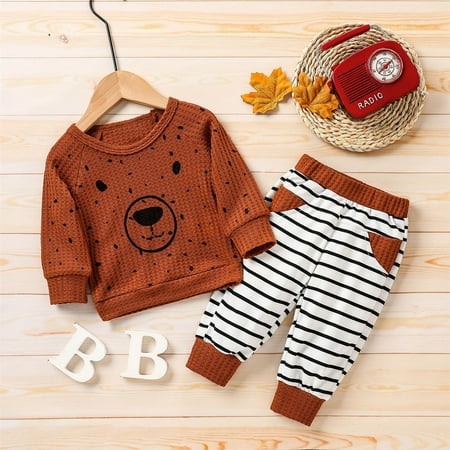 

Toddler Girls Outfit Sets Autumn Winter Long Sleeve Bear Print Sweatshirt Tracksuit Tops Striped Pants 2Pcs Daily-Wear