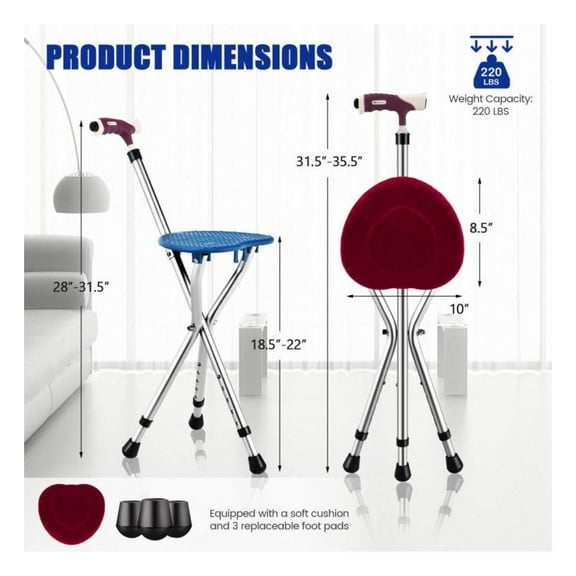 Folding Cane Seat with Light - Adjustable Height Walking Cane with Seat, Lightweight Aluminum Alloy Mobility Aid for Seniors, Travel, & Rest - 220lbs Capacity