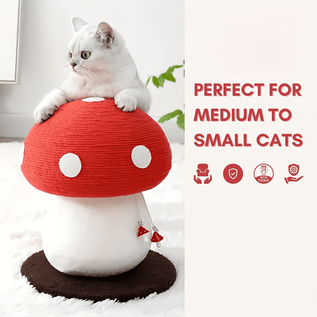 Cute Mushroom Cat Scratching Post, Durable Sisal Rope Cat Scratcher for Indoor Cats & Kittens, No Assembly Cat Tree with Hanging Toy, Cat Scratching Board for Claw Care & Furniture Protection
