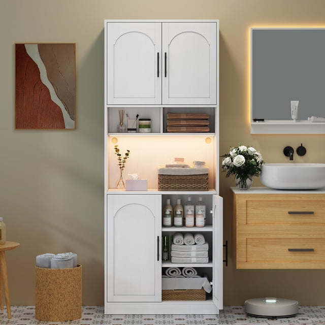 Kojooin 71 in Tall Kitchen Pantry Cabinet with Microwave Shelf and LED Light, Freestanding Storage Cupboard
