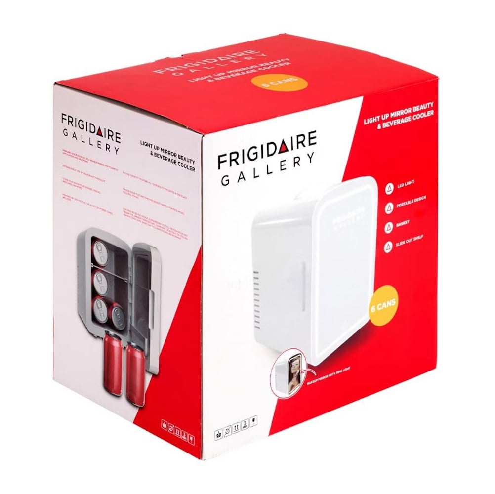 Restored Frigidaire 6-Cans/4L Mini Fridge with Gallery Light Up Mirror EFMIS210-WHITE.DG, Includes 110V home power cord & 12V DC car adapter (Refurbished)
