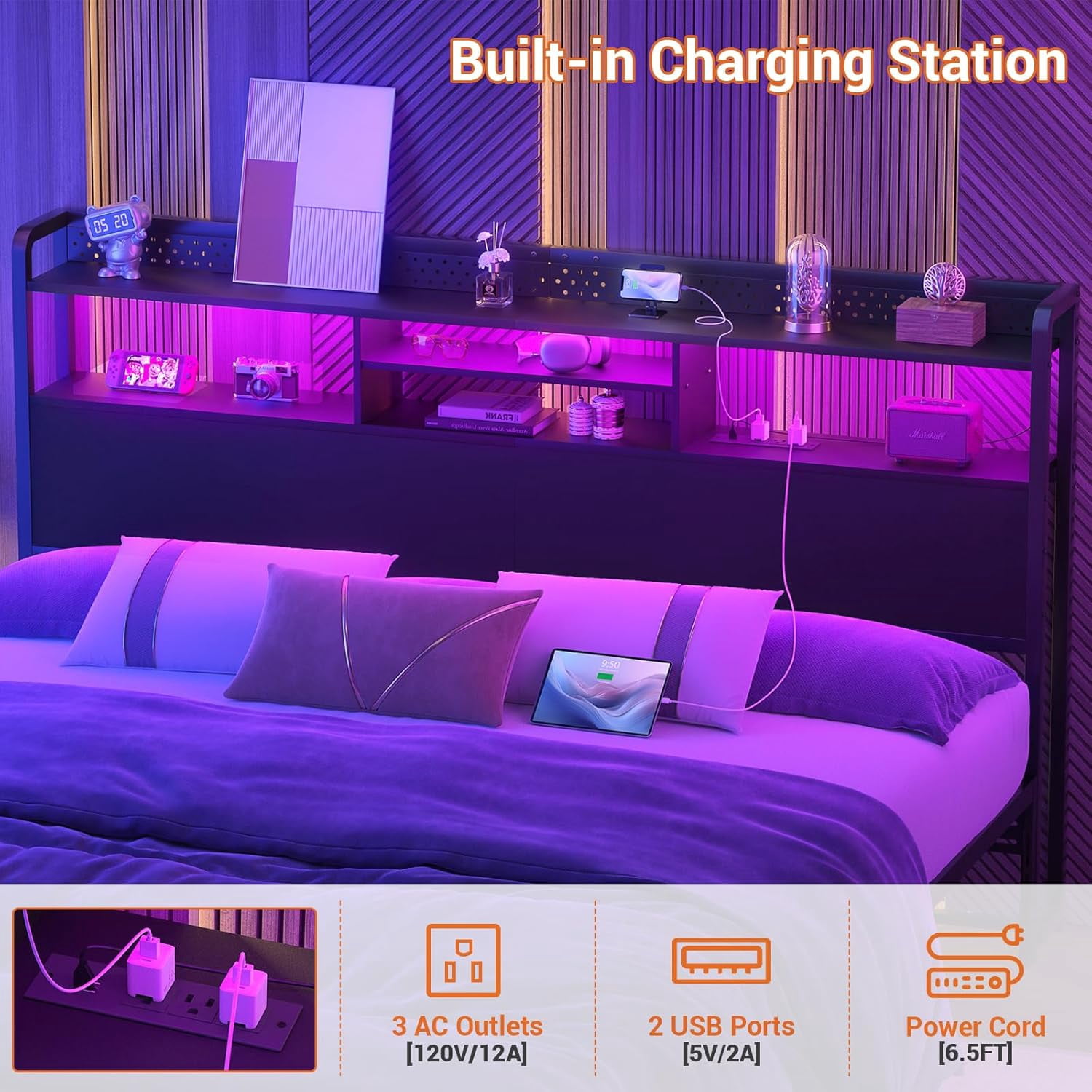 Homieasy Headboard for King Size Bed with Storage Shelf, Head board with 3 Outlets and 2 USB Ports, Headboards with RGB LED Light, Height Adjustable, Sturdy and Stable, Easy Assembly, Black