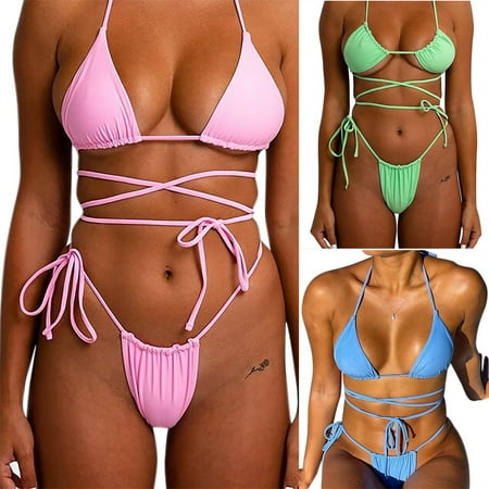 Abcnature Women s Bikini Swimsuits Sets  Thong Bikini Sets Sexy Bikini Padded Open Back Beach Bathing Suit Split Swimwear Bikini Sets for Women Blue L