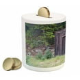thumbnail image 2 of Outhouse Piggy Bank, Farm Life House Wooden Door of Cottage Hut in Woodland Leaves Art Print, Ceramic Coin Bank Money Box for Cash Saving, 3.6" X 3.2", Dark Brown and Green, by Ambesonne, 2 of 4