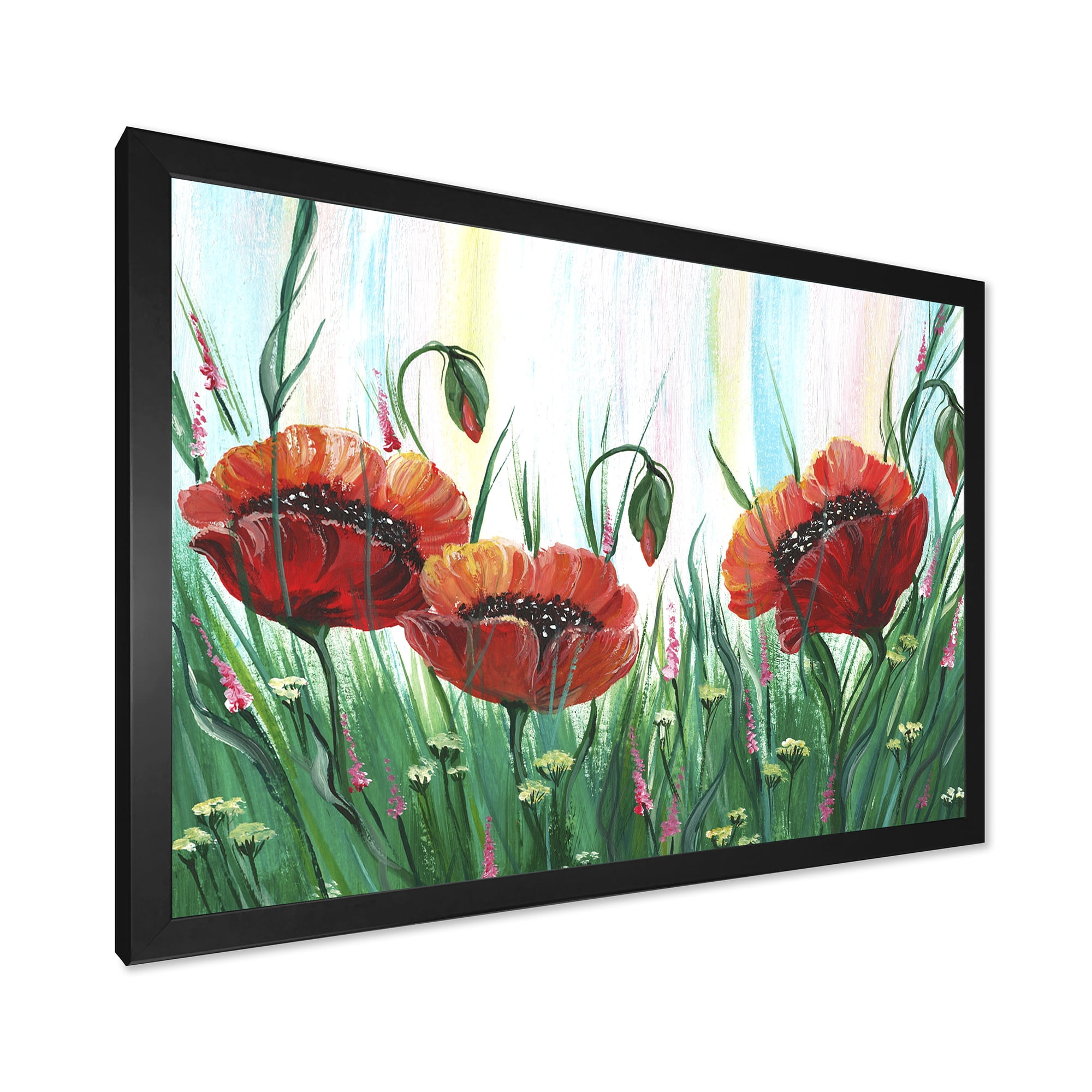 Designart 'Three Red Bright Poppy Flowers On A Green Meadow' Traditional Framed Art Print