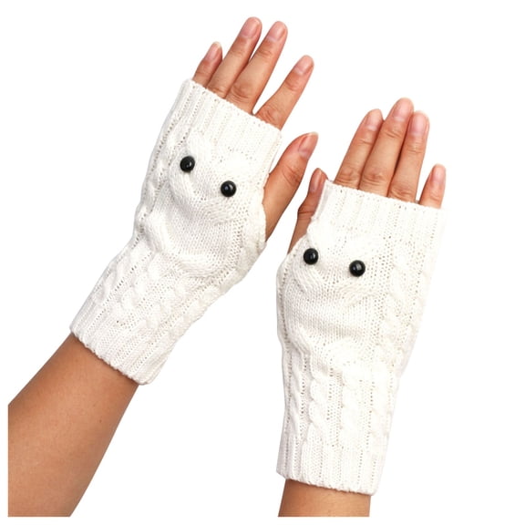 AWZXDE Unisex Winter Knitted Gloves with Owl Ribbed Pattern, Cute Lace Thermal Cozy Gloves for Men and Women White