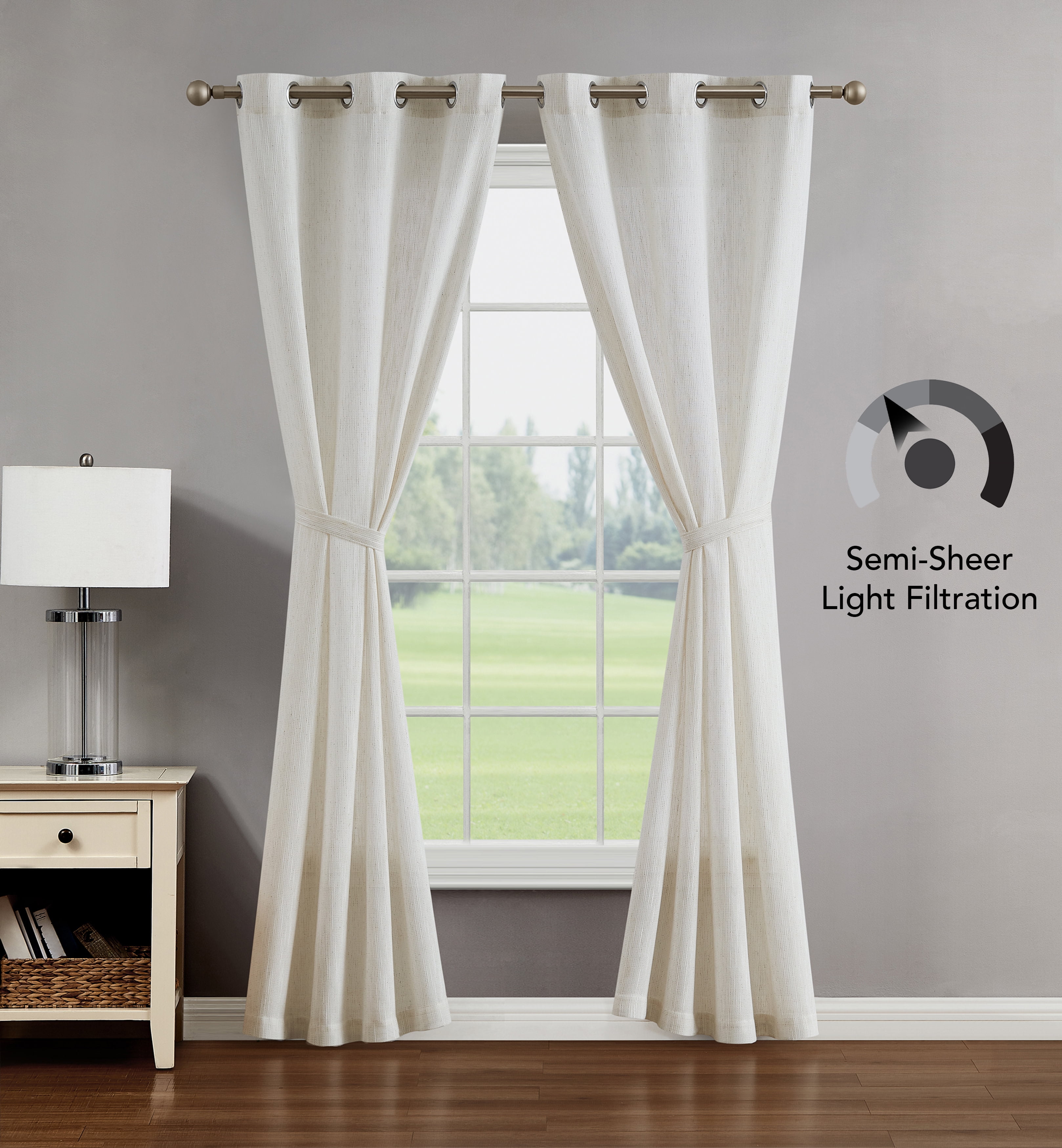 Natural Light Filtering Window Curtain Pair w Tiebacks, 38x84, Jorja