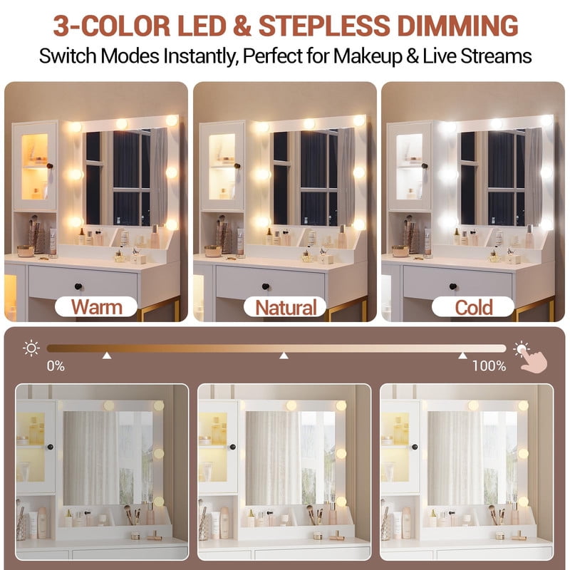 TROPOW Vanity Desk with Mirror and Lights Elegant Makeup Vanity Table with Drawers & Cabinets, Storage, Sturdy MDF Top, Adjustable Brightness Bulbs, Built-in Power Outlet & USB Ports,White