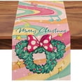 thumbnail image 1 of Merry Christmas Cartoon Mouse Wreath Table Runner, Xmas Abstract Colorful Fluid Texture Note Kitchen Dining Table Decor, Winter Burlap Home Decoration Indoor Outdoor Party Supply 13x90 Inches, 1 of 6