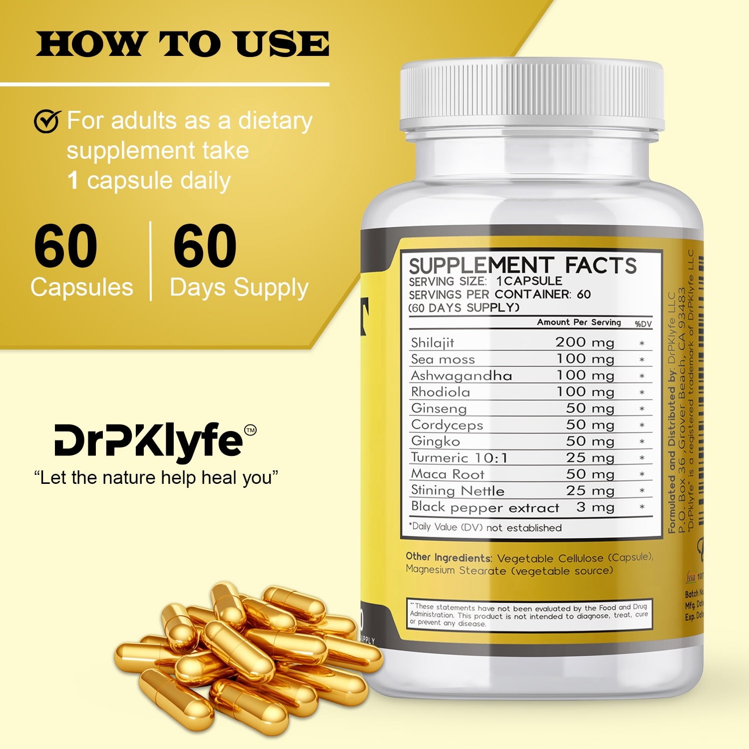 DrPKlyfe's Shilajit Complex with Rhodiola-Sea Moss-Cordyceps-Ginseng-Turmeric- 60 Capsules