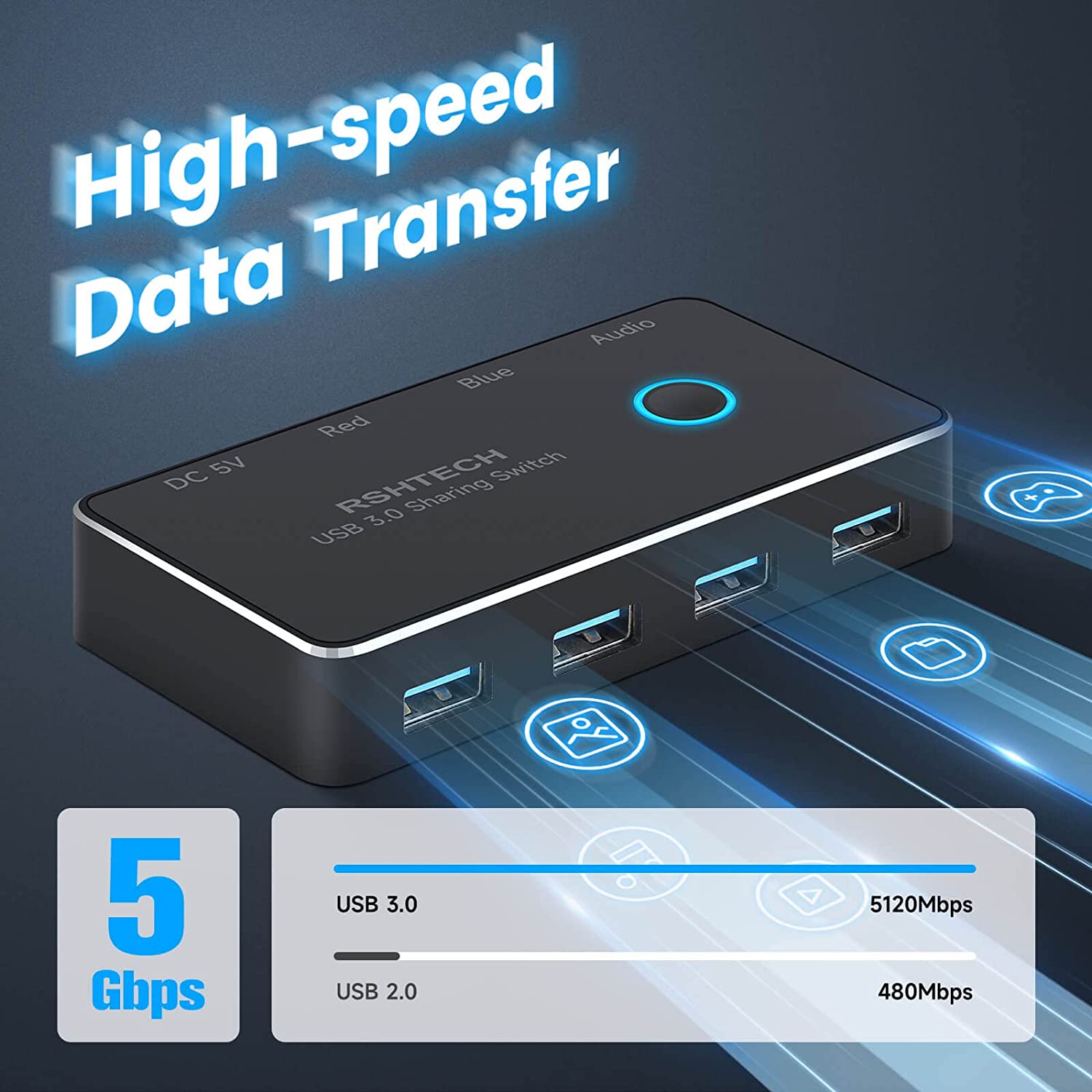 USB 3.0 Switch, RSHTECH 2 in 5 Out Aluminum Hub Selector for 2 Computers Sharing 4 USB Devices and 3.5mm Audio Output,RSH-A201