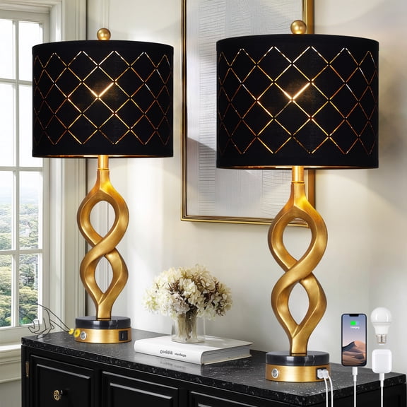 Cinkeda Modern Table Lamp Set of 2 with USB A C Ports for Bedroom Living Room,Resin Nightstand 3-Way Dimmable Touch Bedside Lamp