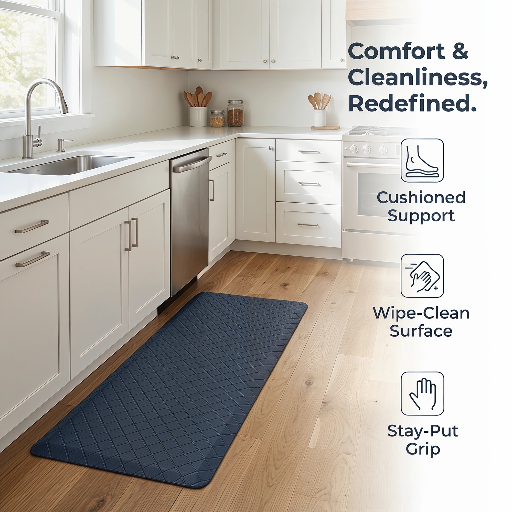 Unique Bargains Geometric Anti-fatigue Oil-proof PVC Floor Pads Dark Blue 47" x 17"