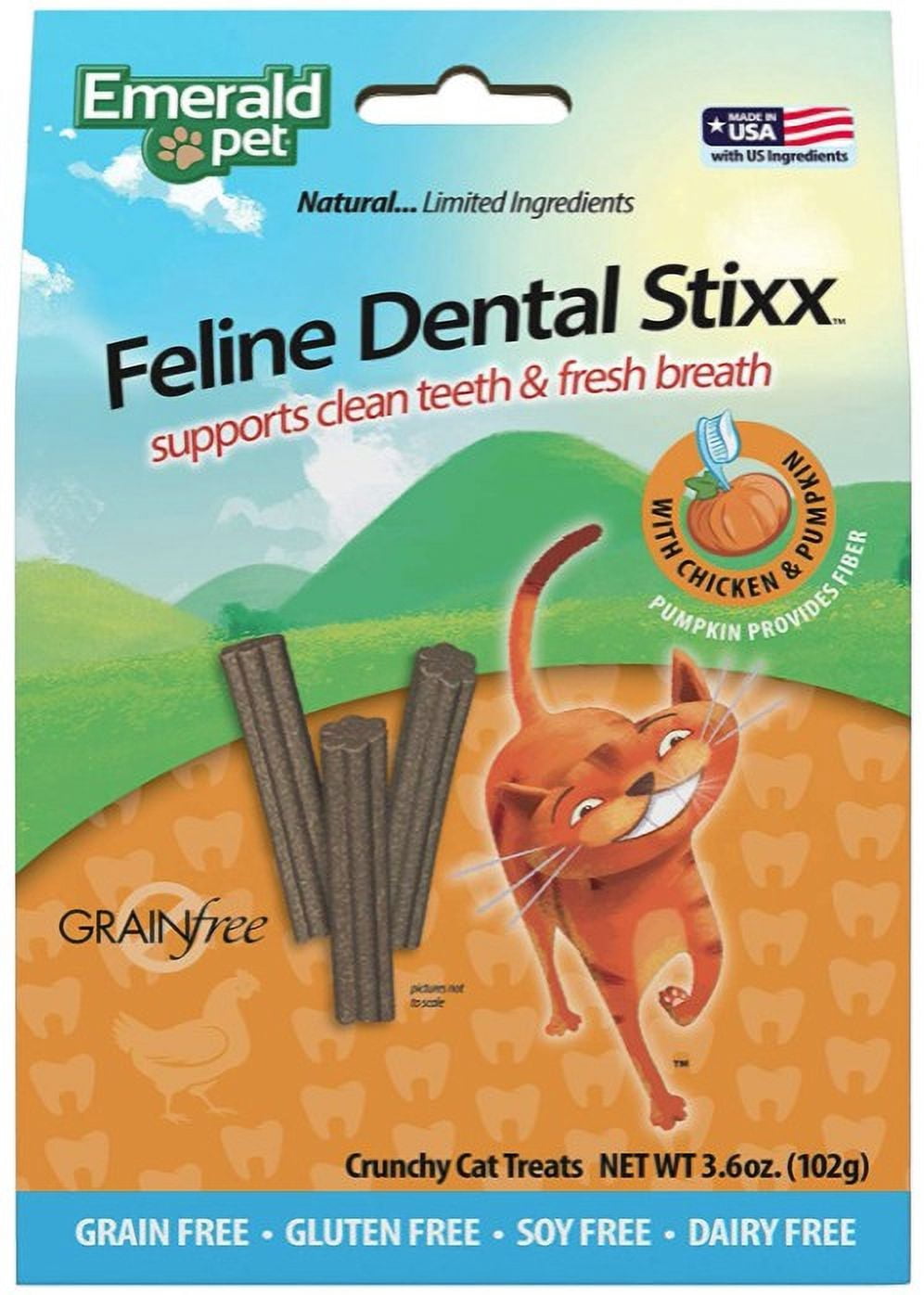 6 Pack Emerald Pet Feline Dental Stixx Chicken and Pumpkin Recipe [Cat Dental Treats, Bulk Cat Supplies, Emerald Pet] 21.6 oz (6 x 3.6 oz)