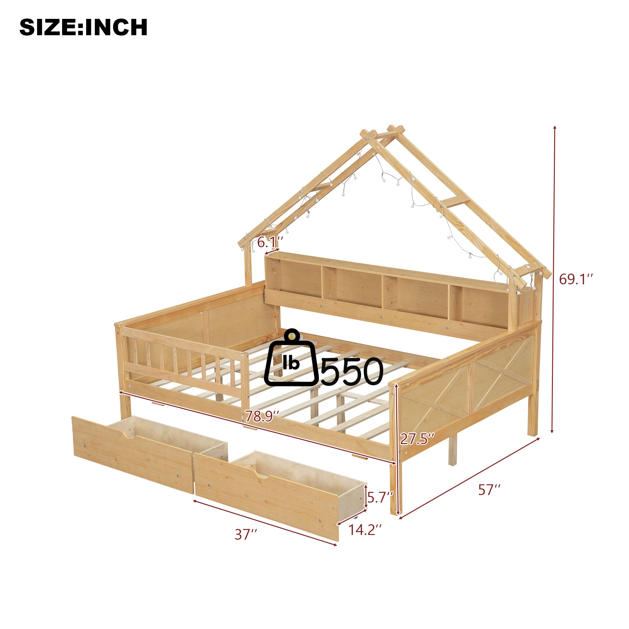 Duxelifin Full Kids Platform Bed with Storage Drawers & Shelves, House Platform Bed Frame with LED and Guardrail for Kids, Natural