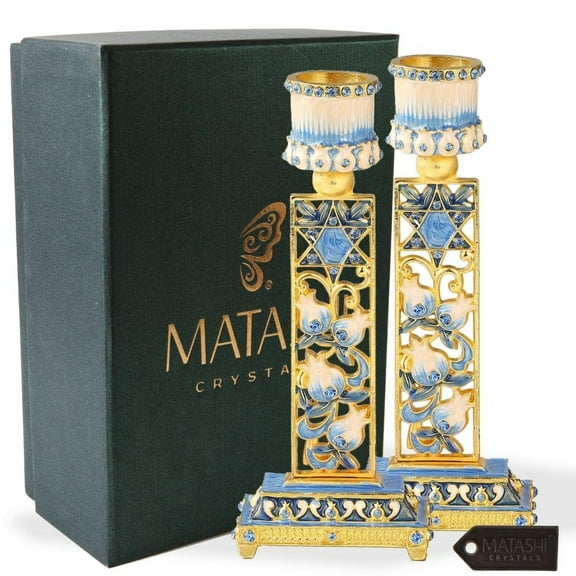 Matashi Shabbat Candlestick Holders 2-Piece Set – Hand-Painted Gold-Plated Pewter Candle Holders with Star of David for Home Décor