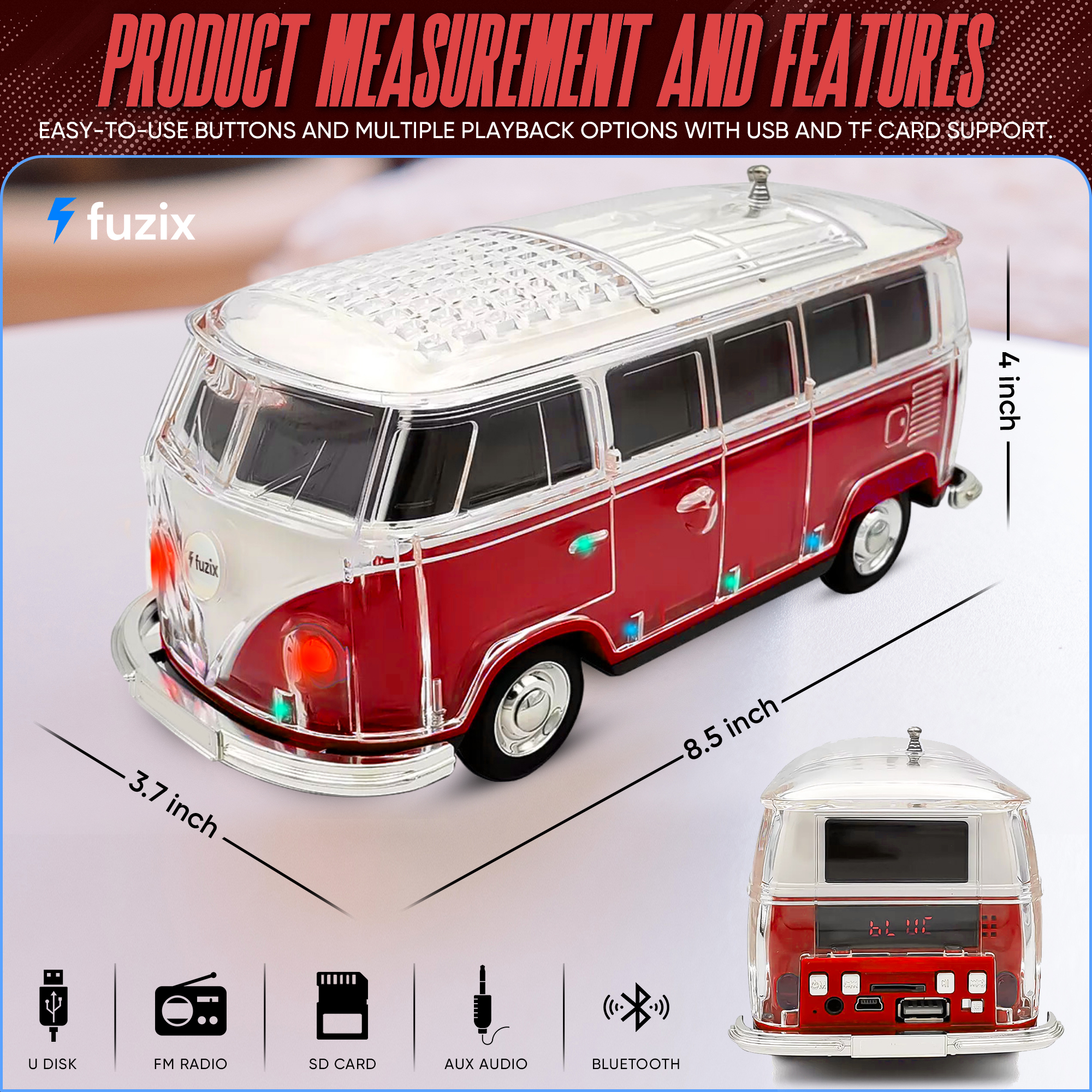 Fuzix WS-267 Car Bluetooth Portable Speaker with LED AUX USB FM Rechargeable