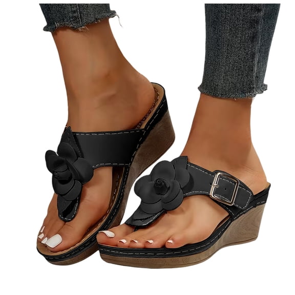 Rokment Flower Platform Wedge Orthopedic Flip Flops for Women 2026 Beach Summer Boho Casual Buckles Backless Thongs Slides Dress Sandals Black Size 6.5