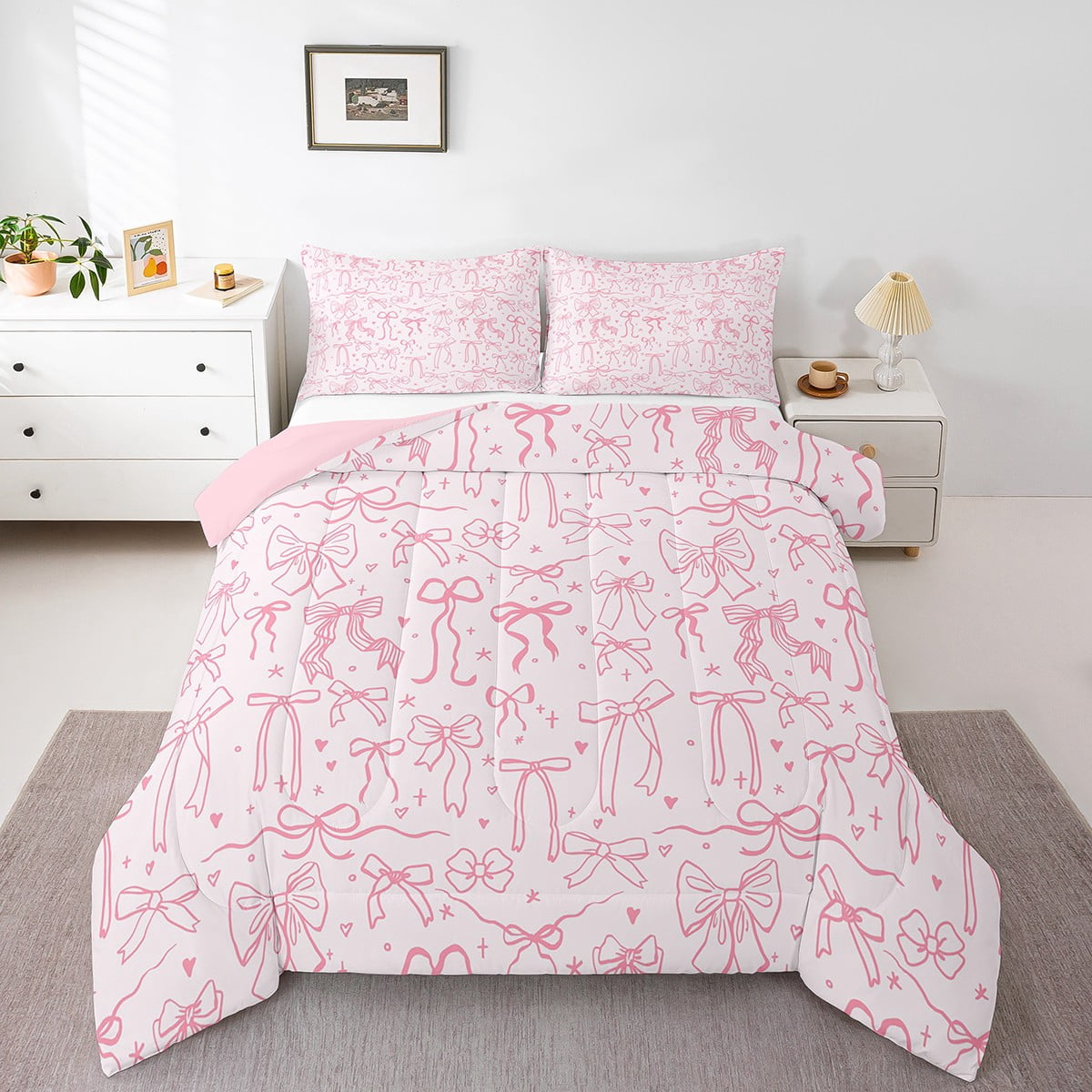 Pink Bowknot Comforter Set Twin Size,Princess Bedding Sets,Cartoon Bow Tie Butterfly Knot Quilt Set Bow Stars Love Pink Sweet Girly Duvet Insert Teens Woman Room Decor 2Pcs