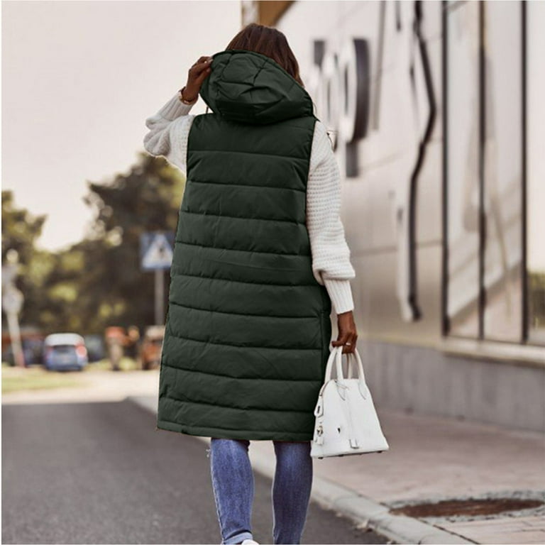 Women's Winter Hooded Long Down Vest Full-Zip Sleeveless Puffer Vest  Fashionable Coats Jacket Outerwear with Pockets 
