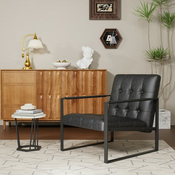 Lisonu Modern Accent Chair and Ottoman Set, Upholstered PU Leather Armchair with Footstool, Channel Tufted Sofa Chair with Metal Frame for Living Room, Bedroom, Office, Black