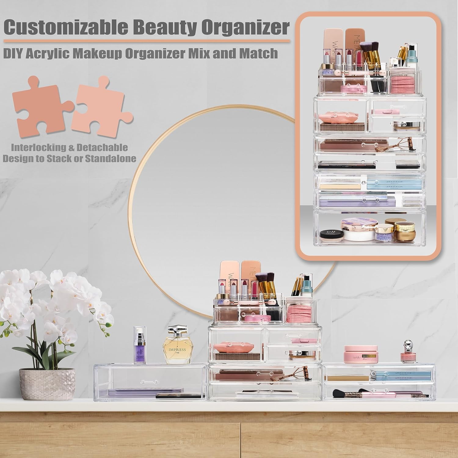 Sorbus Clear Extra Large Acrylic Makeup Organizer Set, 6 Drawers, 15 Slots, 3-Piece Stackable