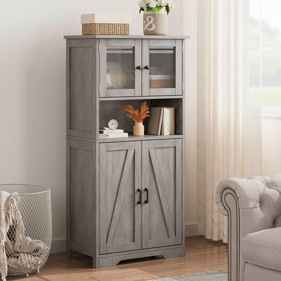 QinaQin Alacena farmhouse de 50 pulgadas, gabinete independiente con 4 puertas y repisas ajustables para cocina o sala