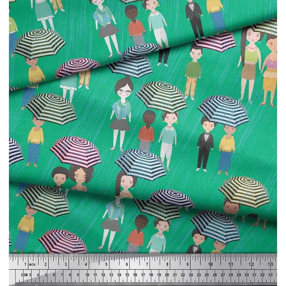 Soimoi Green Poly Georgette Fabric Monsoon Theme Human Figure Decor Fabric Printed Yard 42 Inch Wide