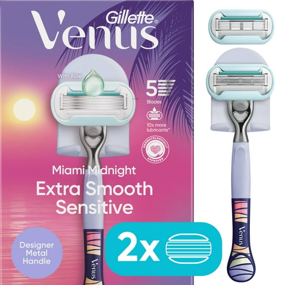 Gillette Venus Miami Midnight Extra Smooth Sensitive Razor Handle, 2 Refills, 1 Shower Hook