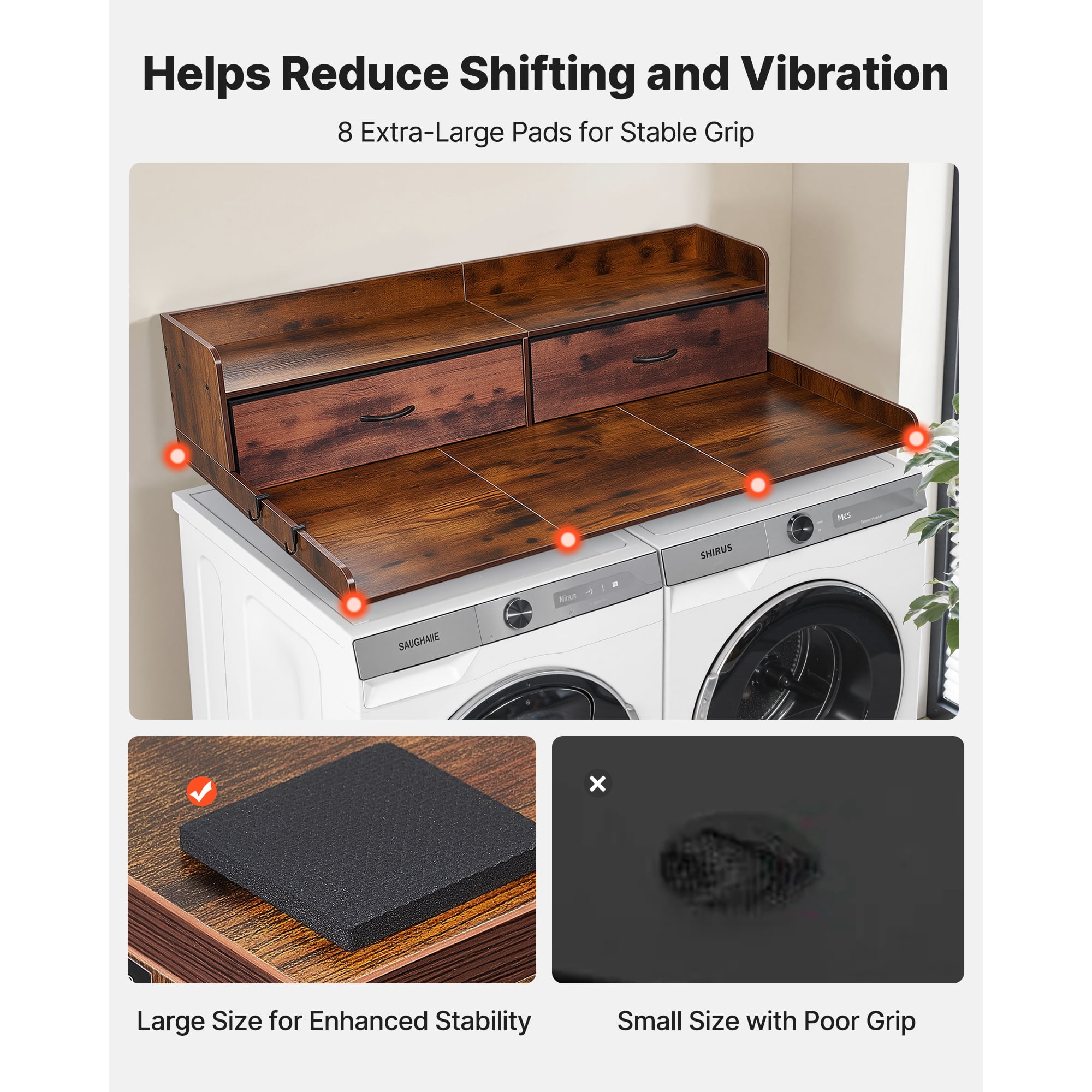 KFFKFF Wooden Washer and Dryer Countertop with Shelf, 54 x 27.5 in, Laundry Topper with 2 Drawers & 2 Hooks, Ideal for Laundry Room and Pantry Organization, Brown